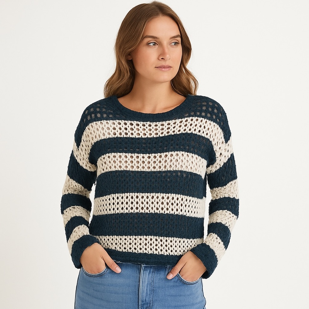 Favlux Open Knit Crochet Striped Sweater Dark Teal White Size Large